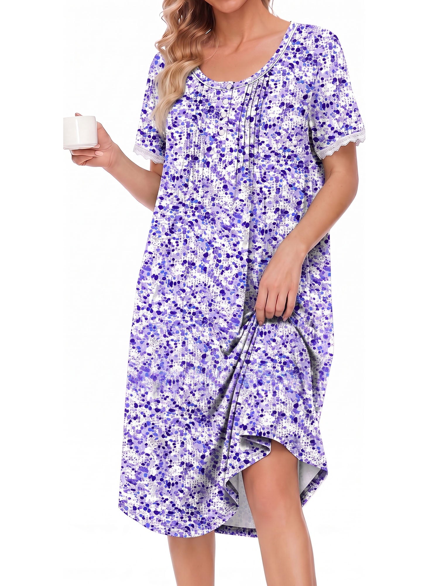 Nightgowns for Women Button Front Henley Neck House Dress Short Sleeve Soft Pajamas Dress Sleepwear