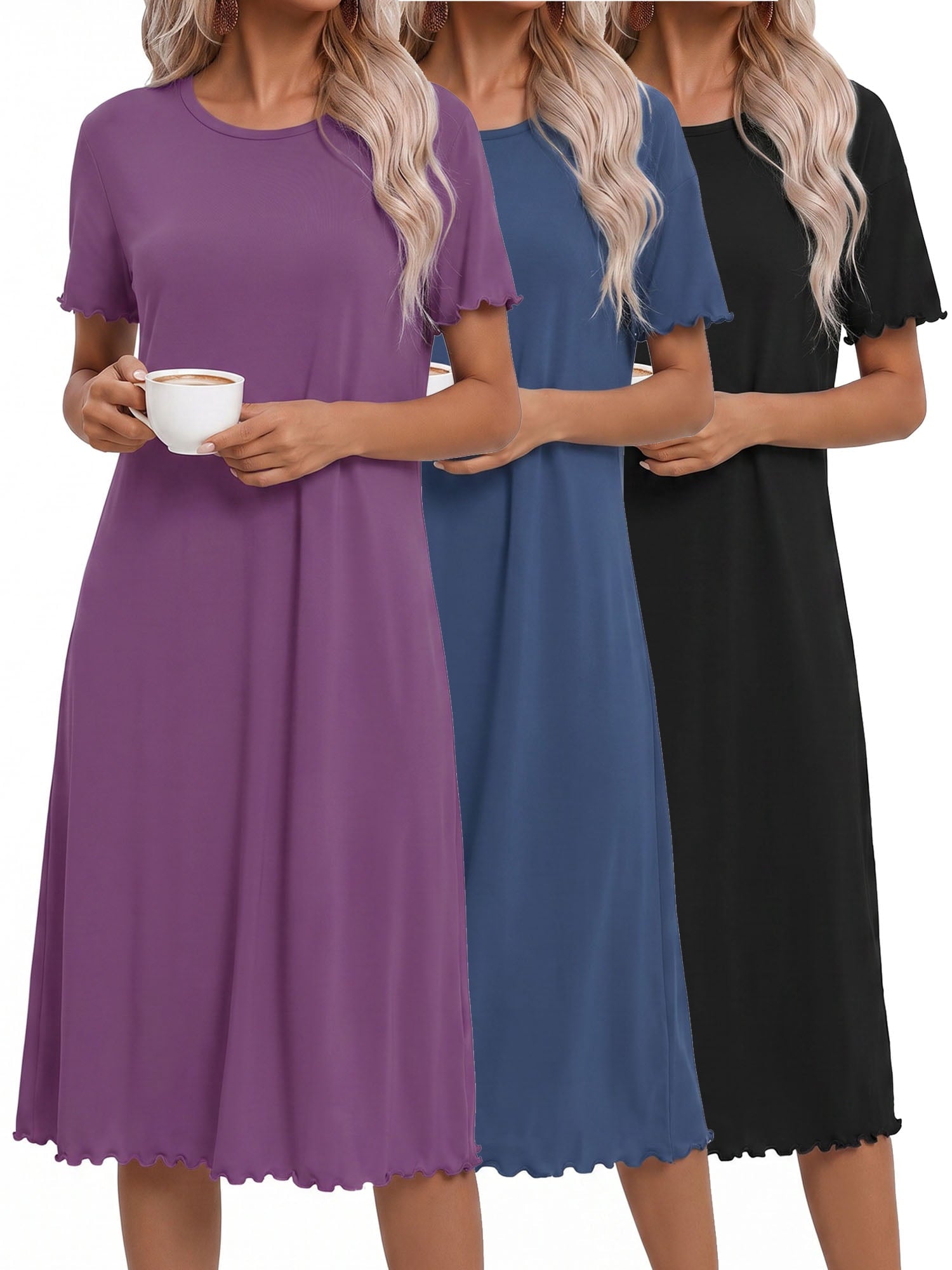 3 Pack Women Nightgown Sleepwear Ruffle Short Sleeve Sleepshirts V Neck Sleepdress Causal Pajama Dress S-XXXL