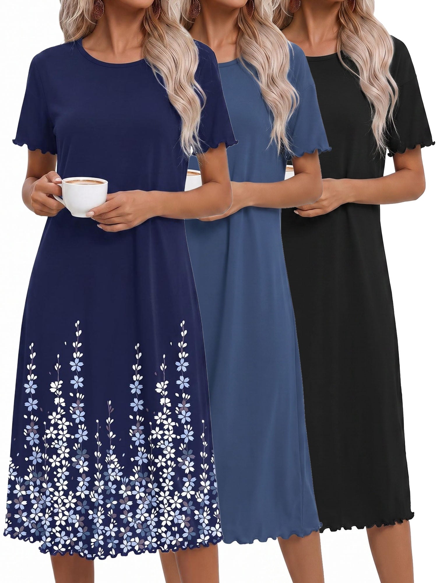 3 Pack Women Nightgown Sleepwear Ruffle Short Sleeve Sleepshirts V Neck Sleepdress Causal Pajama Dress S-XXXL