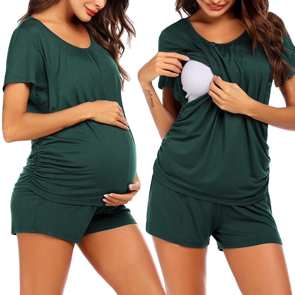 Women Maternity Nursing Pajama Set Breastfeeding Sleepwear Set Double Layer Short Sleeve Top and Shorts Set Pregnancy Pjs Set