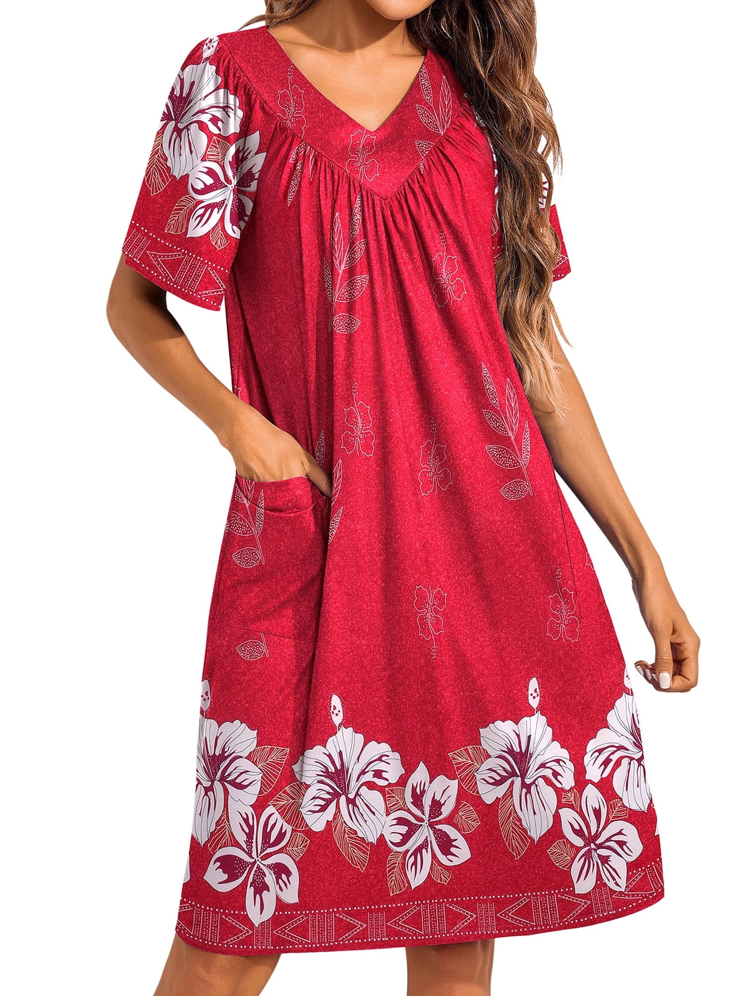 Women House Dress Floral Print Nightgown with Pockets Comfy Short Sleeve Nightdress