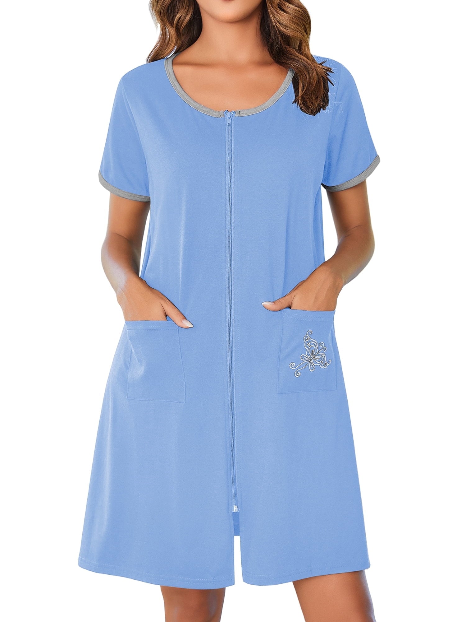 Women Zipper Front Robes Short Sleeve House Coat Zip Up Short Loungewear Dress with Pockets Nightgown Sleepwear Bathrobes