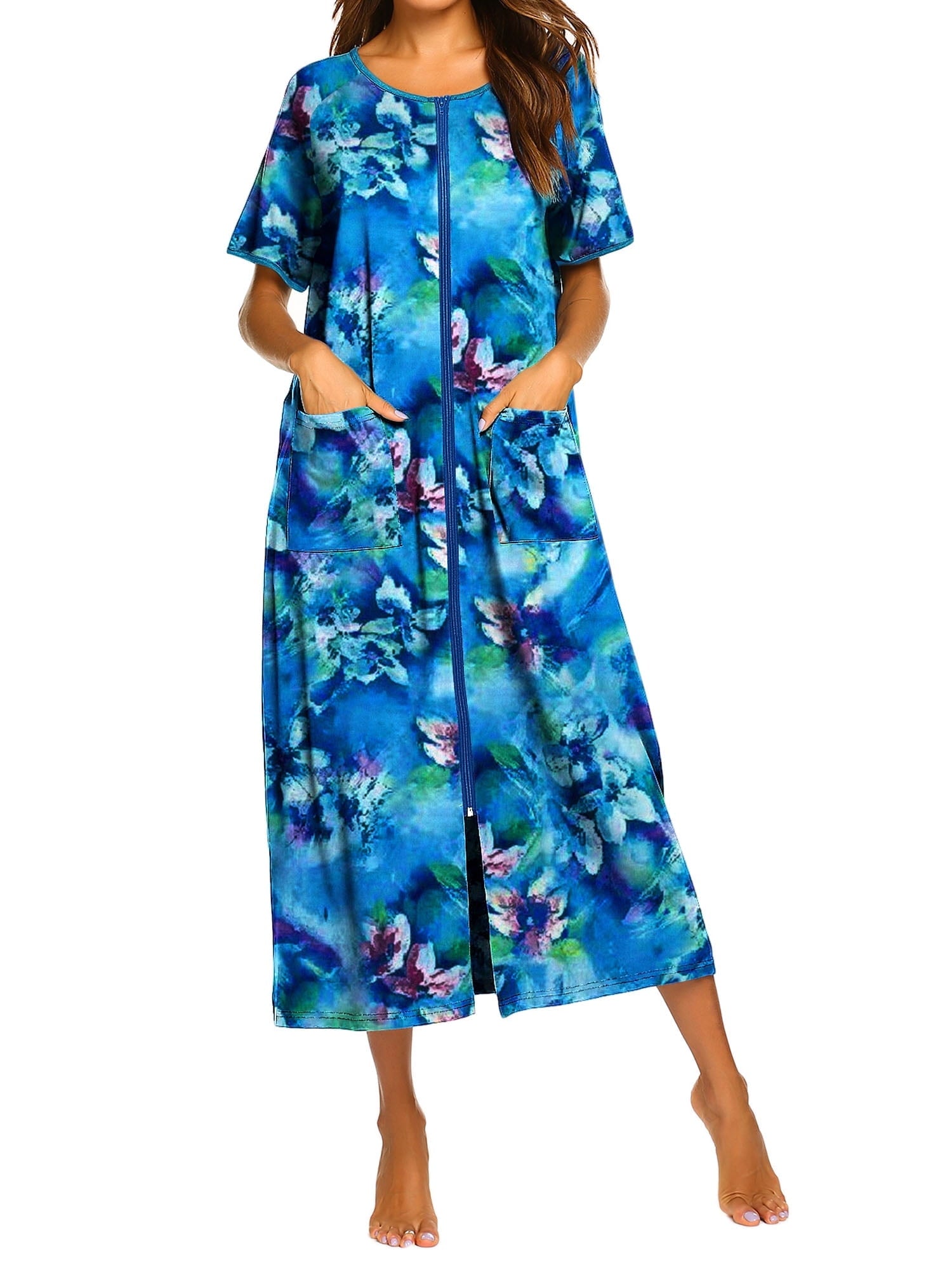 Women Zipper Front Robes Full Length Housecoat Short Sleeve Bathrobes with Pocket Loungewear