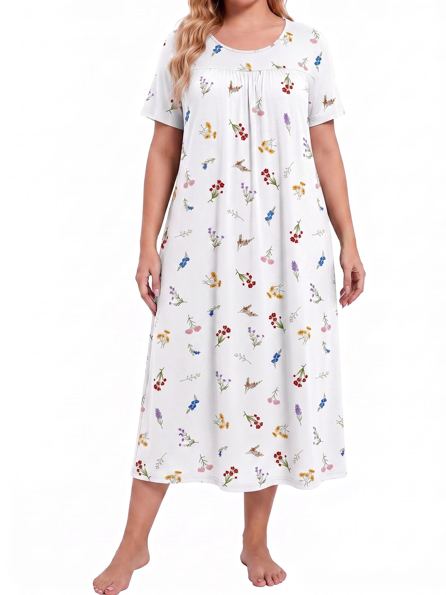 Bamboo Viscose Nightgowns for Women Pleated Floral House Dress Comfy Long Loungwear Short Sleeve Sleepwear