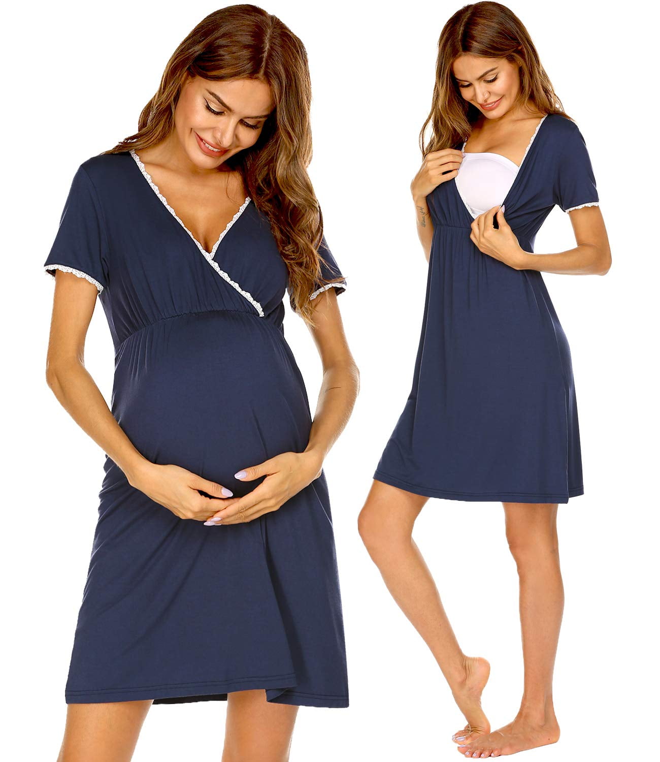 Women 3 in 1 Nursing Nightgown Short Sleeve Pleated Maternity Sleepwear for Breastfeeding Sleep Dress