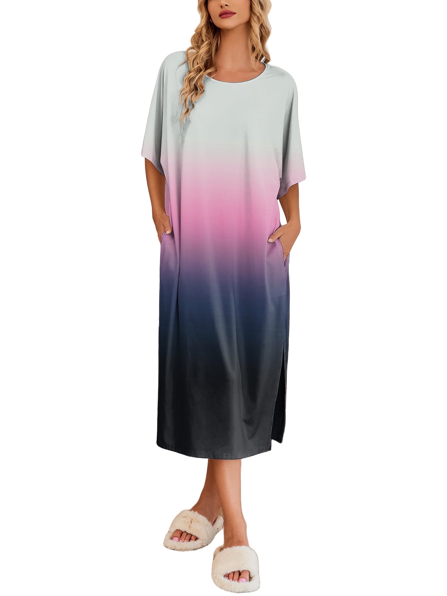 Women Long Nightgown Short Sleeve Sleepshirt Casual Maxi Loungewear with Pockets