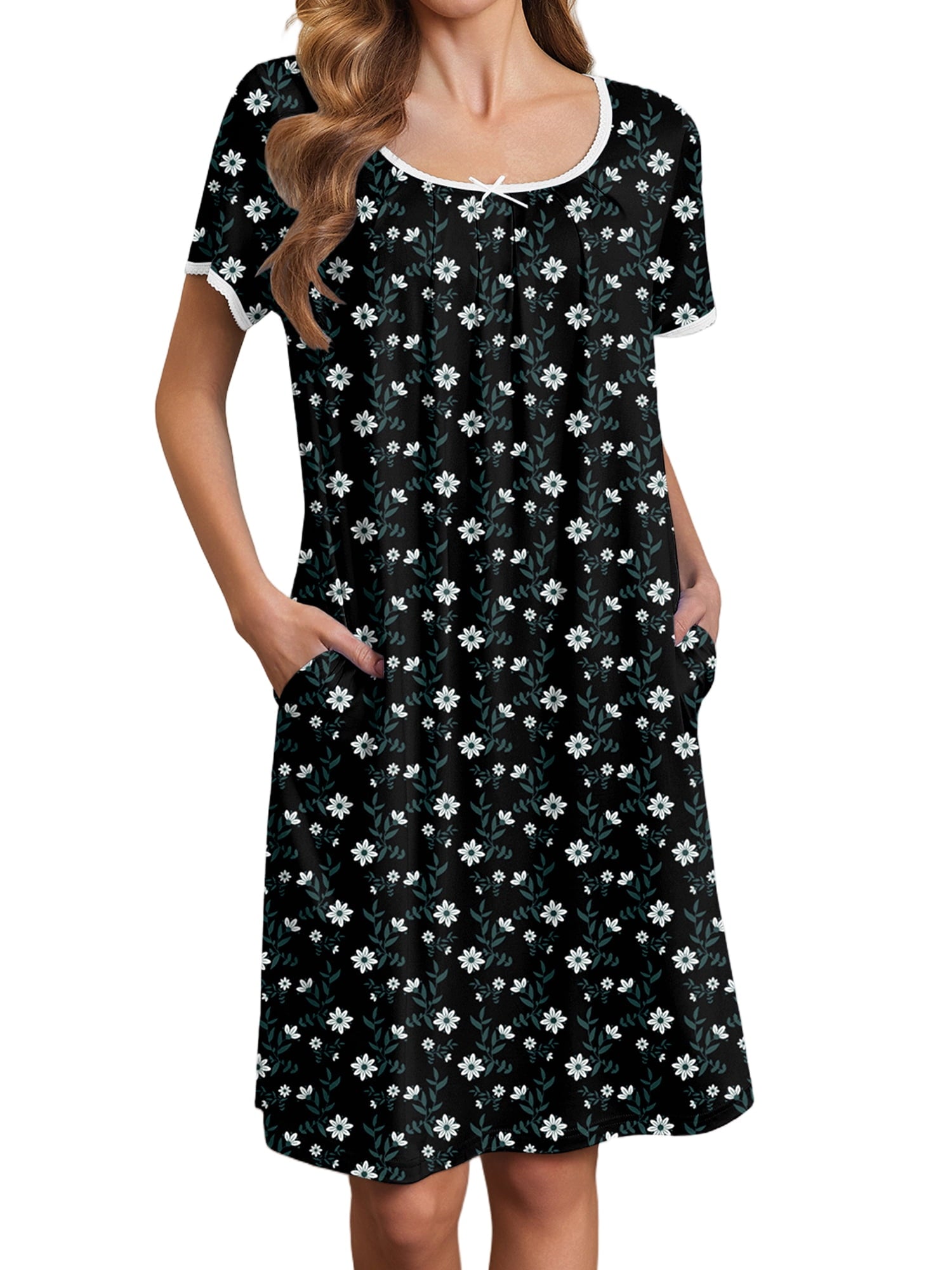 Nightgowns for Women Short Sleeve House Dress with Pockets Pleated Nightdress Soft Sleepwear