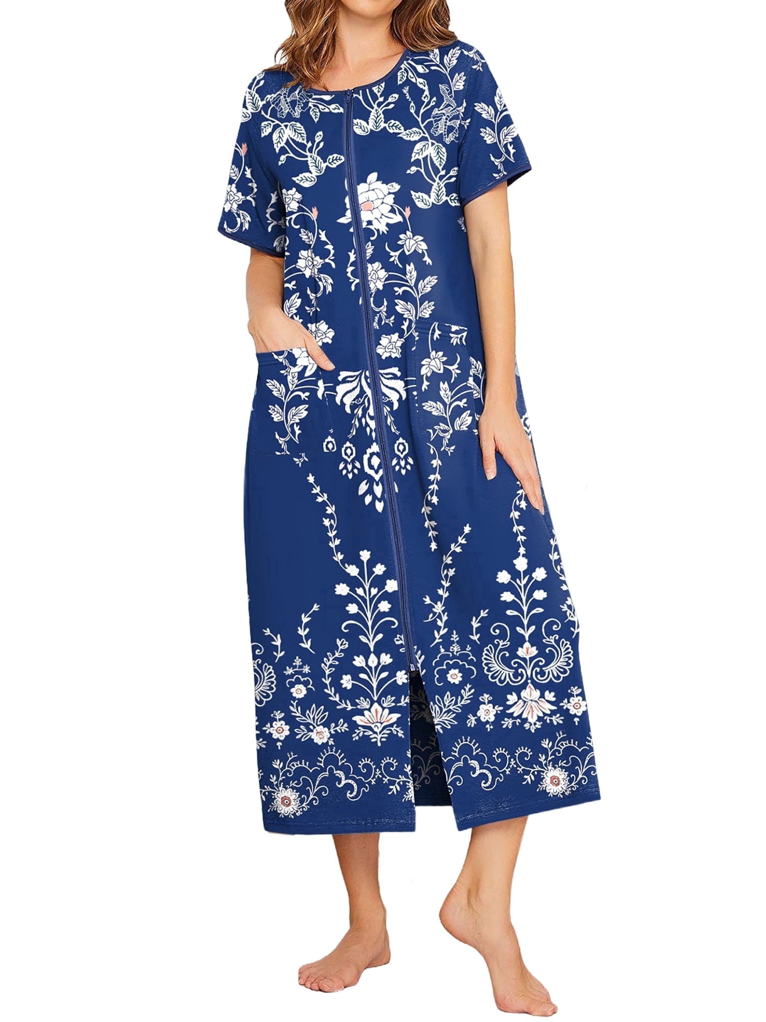 Women Zipper Front Robes Full Length Housecoat Short Sleeve Bathrobes with Pocket Loungewear