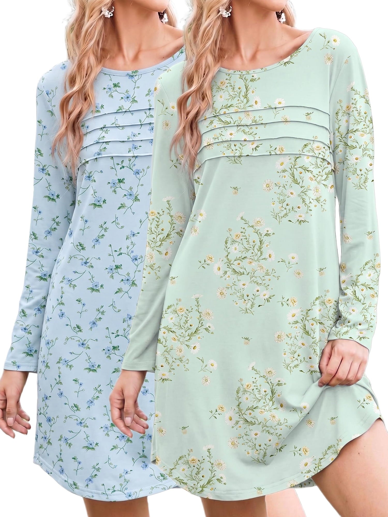 2 Pack Nightgowns for Women Long Sleeve Nightshirts Soft Crew Neck Pajamas Dress Sleepwear , Floral Printed, S-XXXL