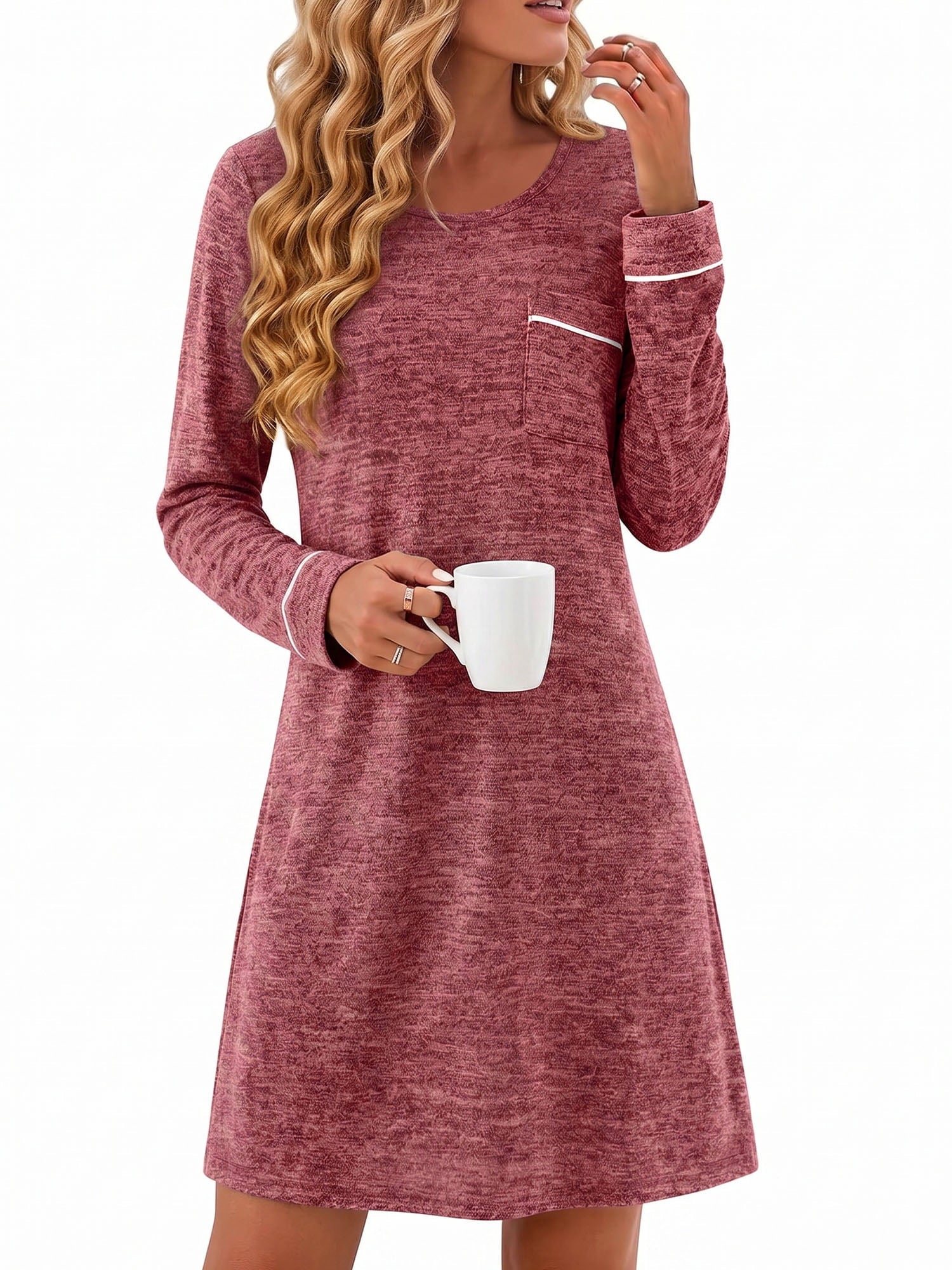 Nightgowns for Women Long Sleeve Sleepshirts Crew Neck Pajamas Dress Knee Length Sleepwear