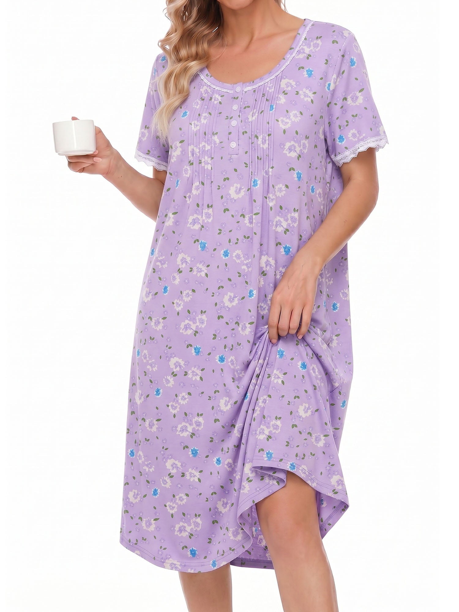 Nightgowns for Women Button Front Henley Neck House Dress Short Sleeve Soft Pajamas Dress Sleepwear