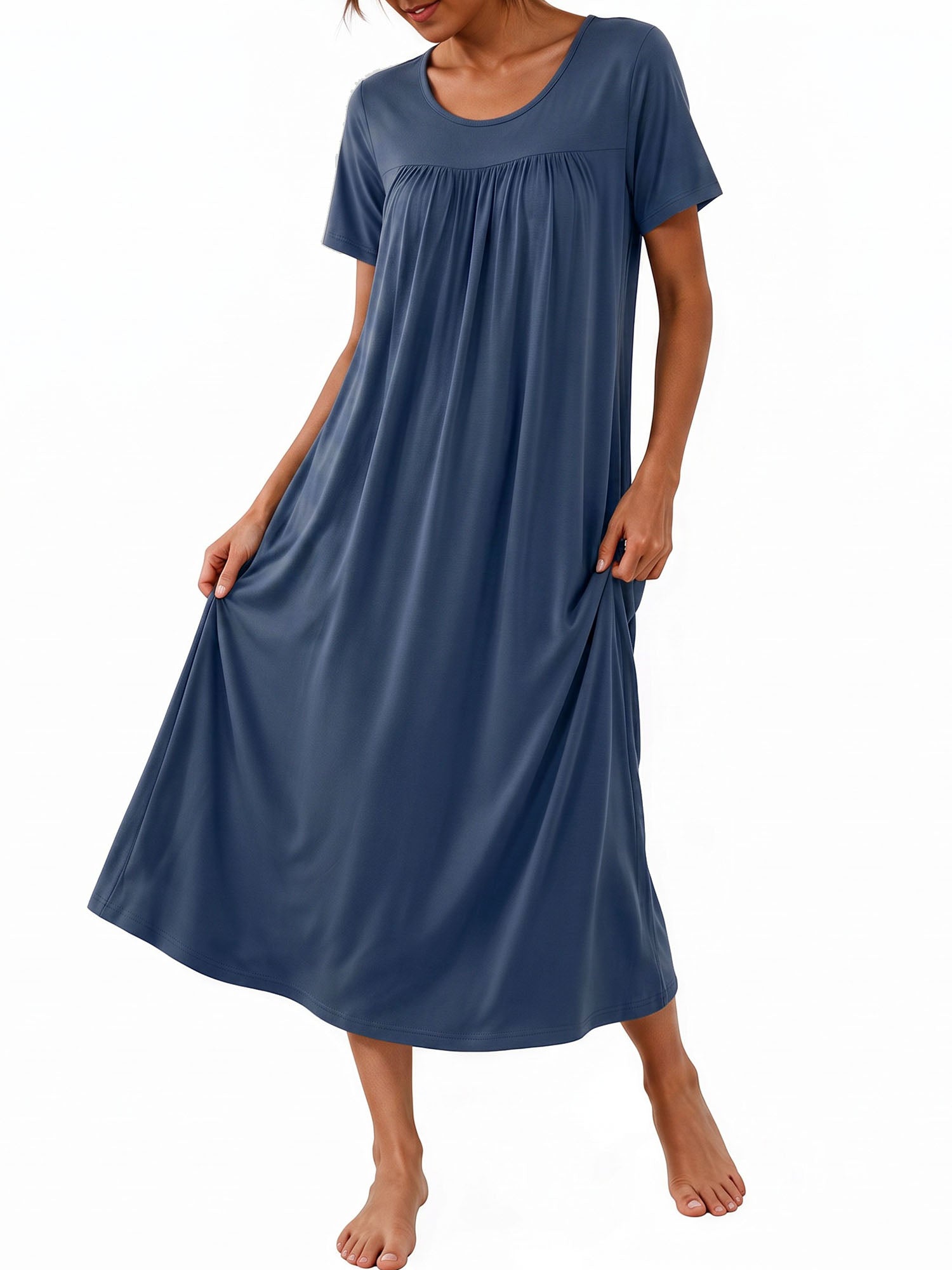 Bamboo Viscose Nightgowns for Women Pleated Floral House Dress Comfy Long Loungwear Short Sleeve Sleepwear