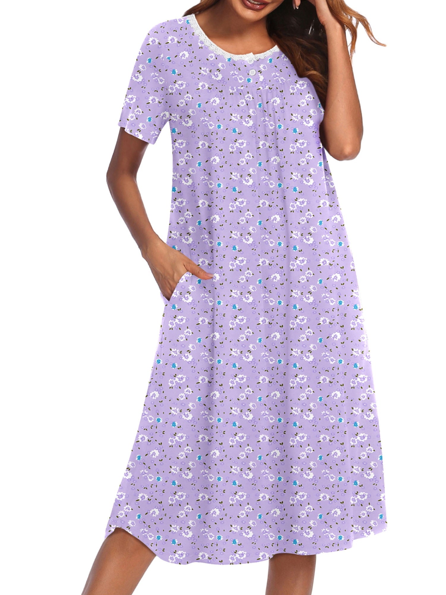 Nightgowns for Women Floral Short Sleeve Henley Sleepshirt Long Nightdress Sleepwear with Pockets S-3XL