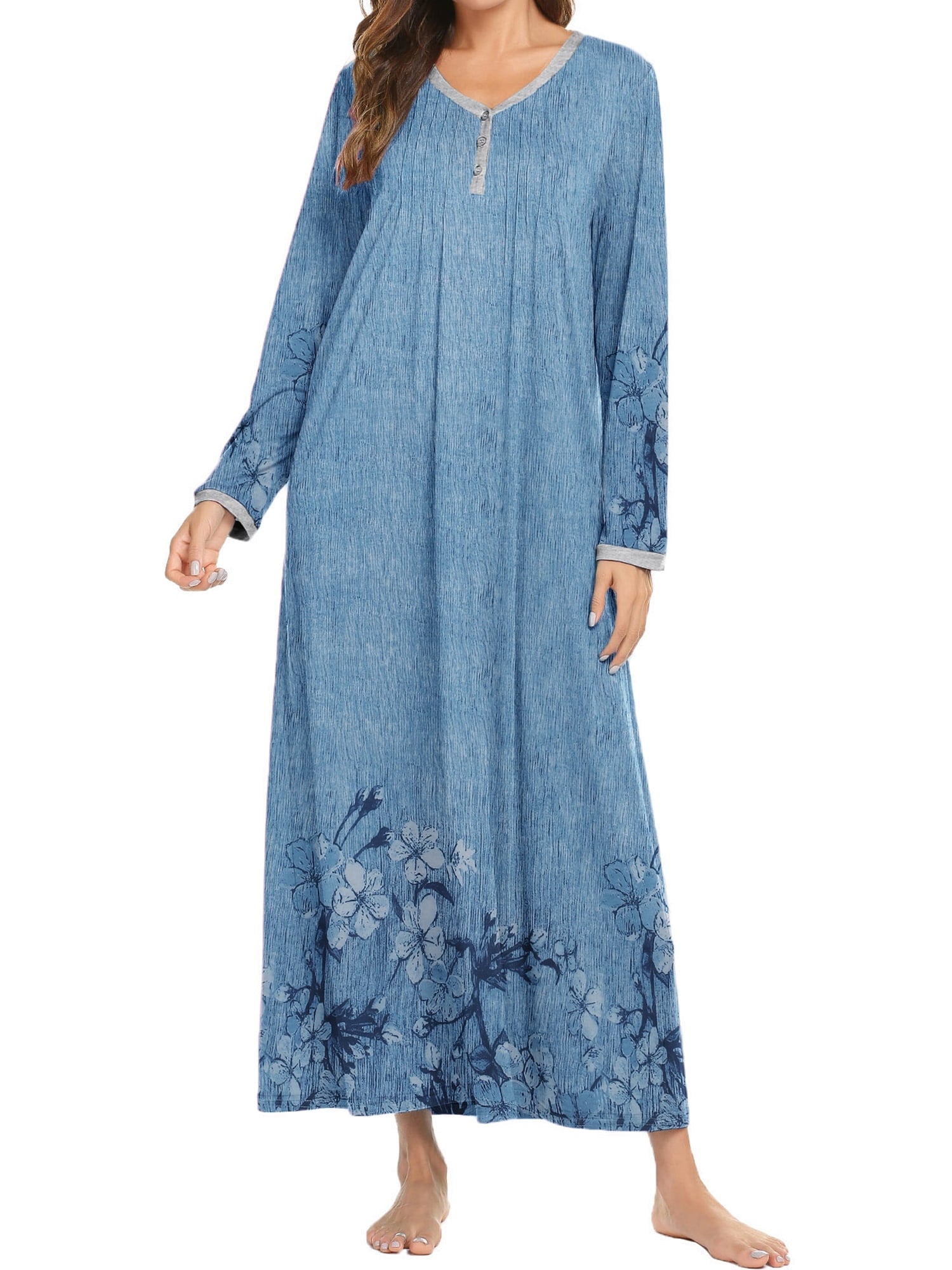 Women Long Sleeve Nightgown Sleepwear Long Sleepshirts Henley Sleep Dress Full Length Nightdress
