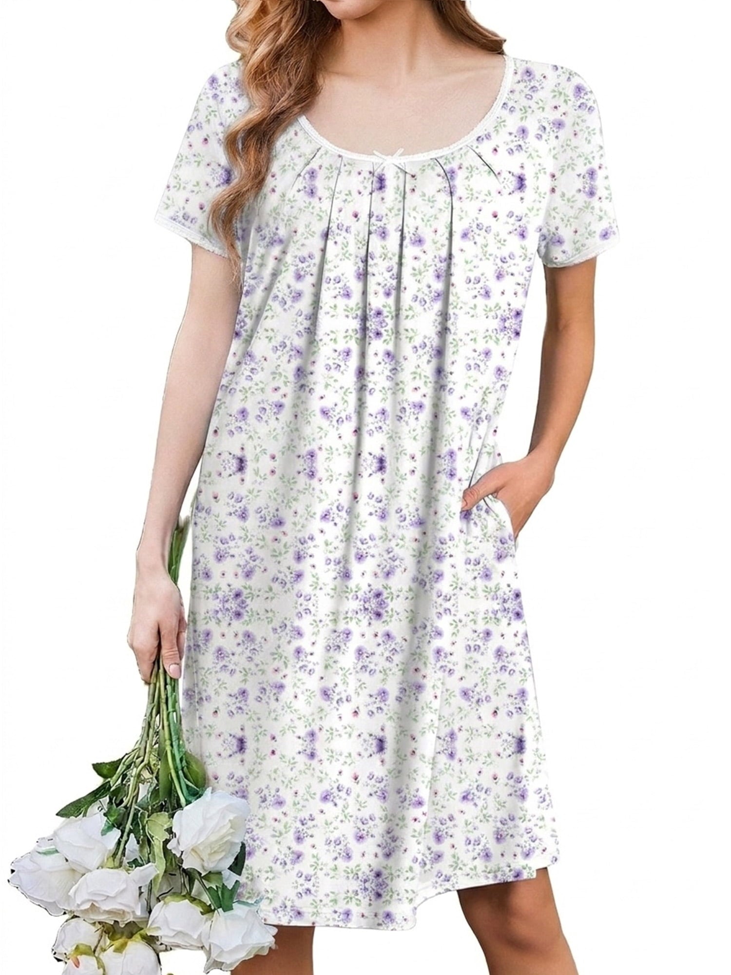 Nightgowns for Women Short Sleeve House Dress with Pockets Pleated Nightdress Soft Sleepwear