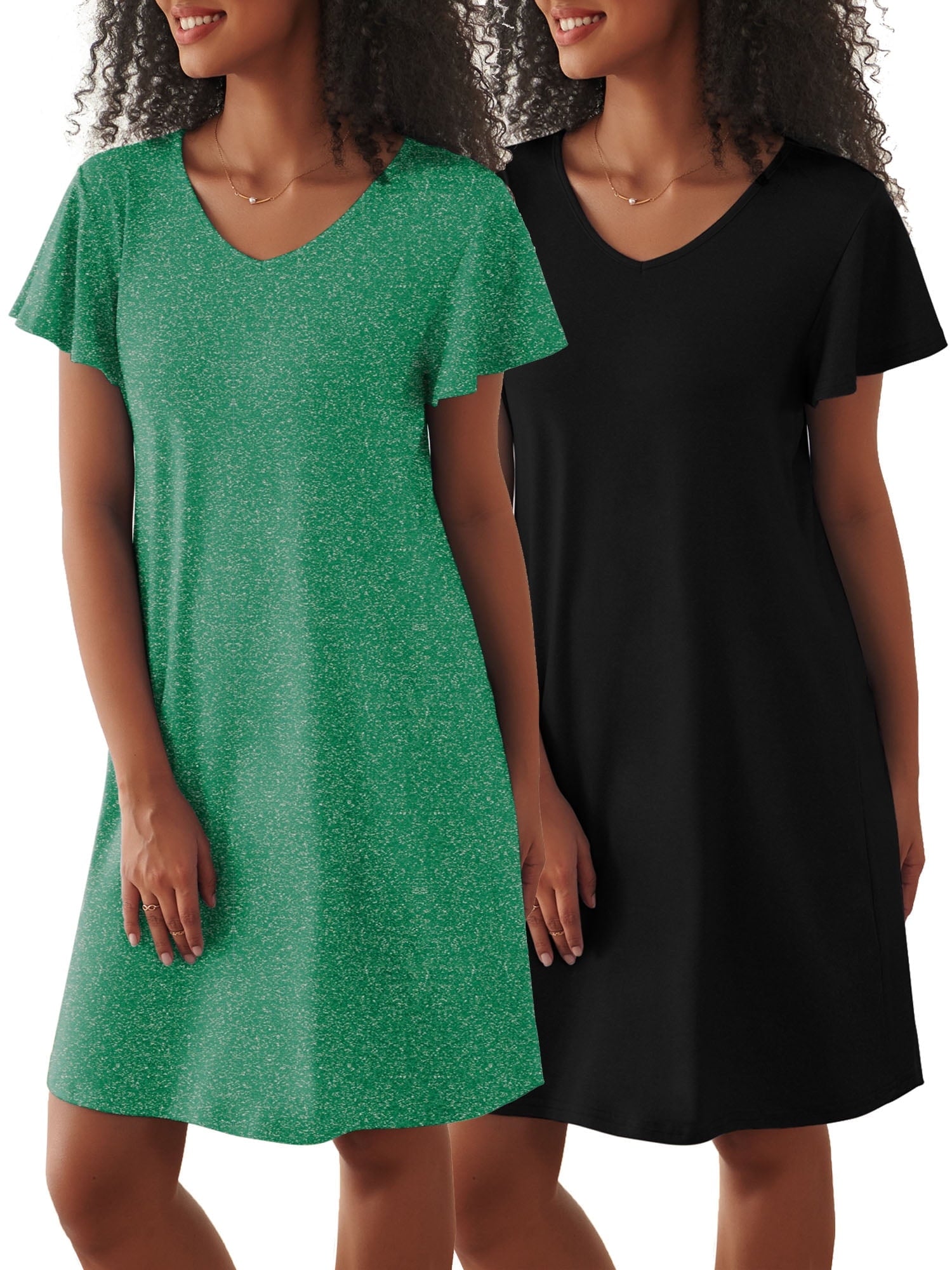 2 Pack Women Nightgown Sleepwear Flare Short Sleeve Sleepshirts V Neck Sleepdress Causal Pajama Dress