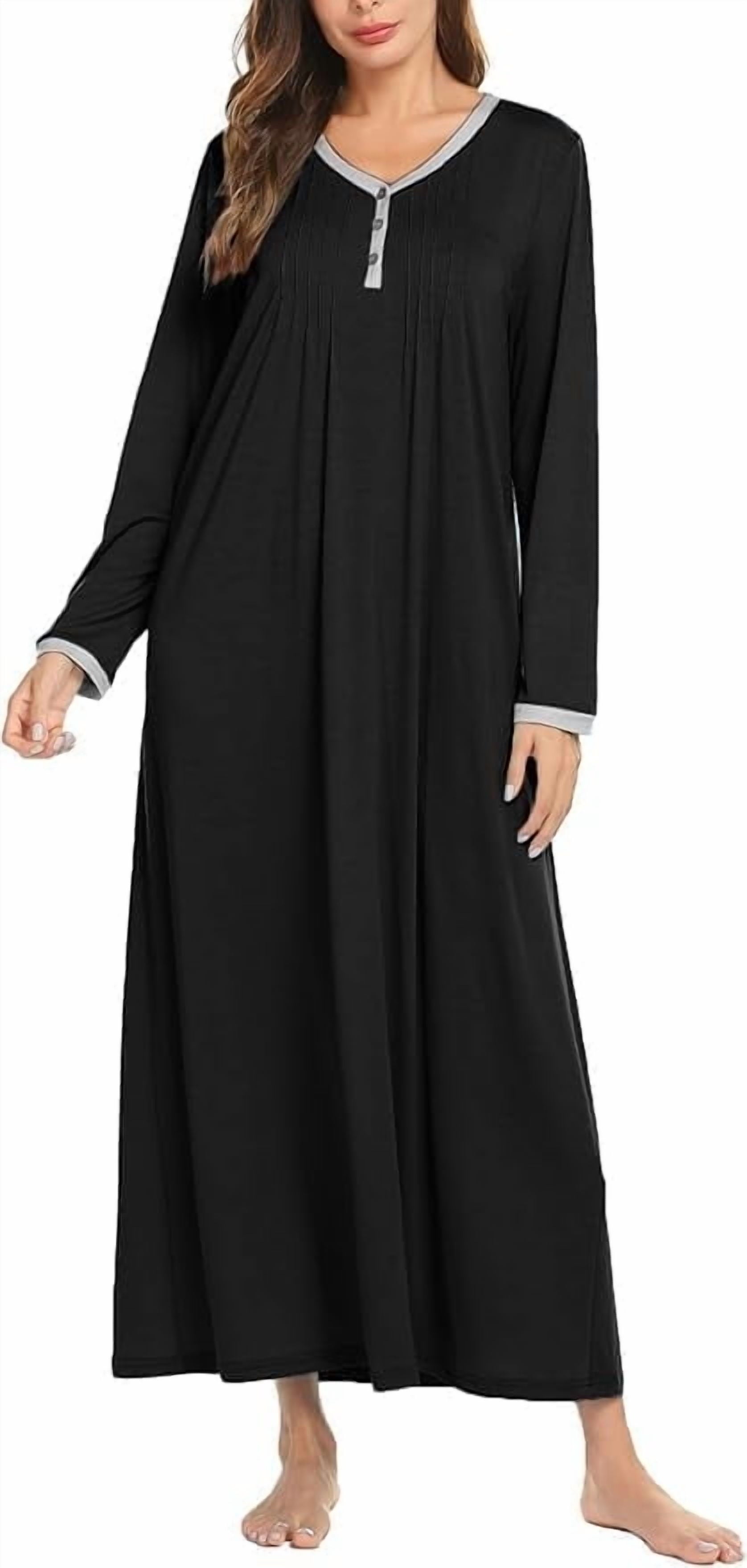Women Long Sleeve Nightgown Sleepwear Long Sleepshirts Henley Sleep Dress Full Length Nightdress