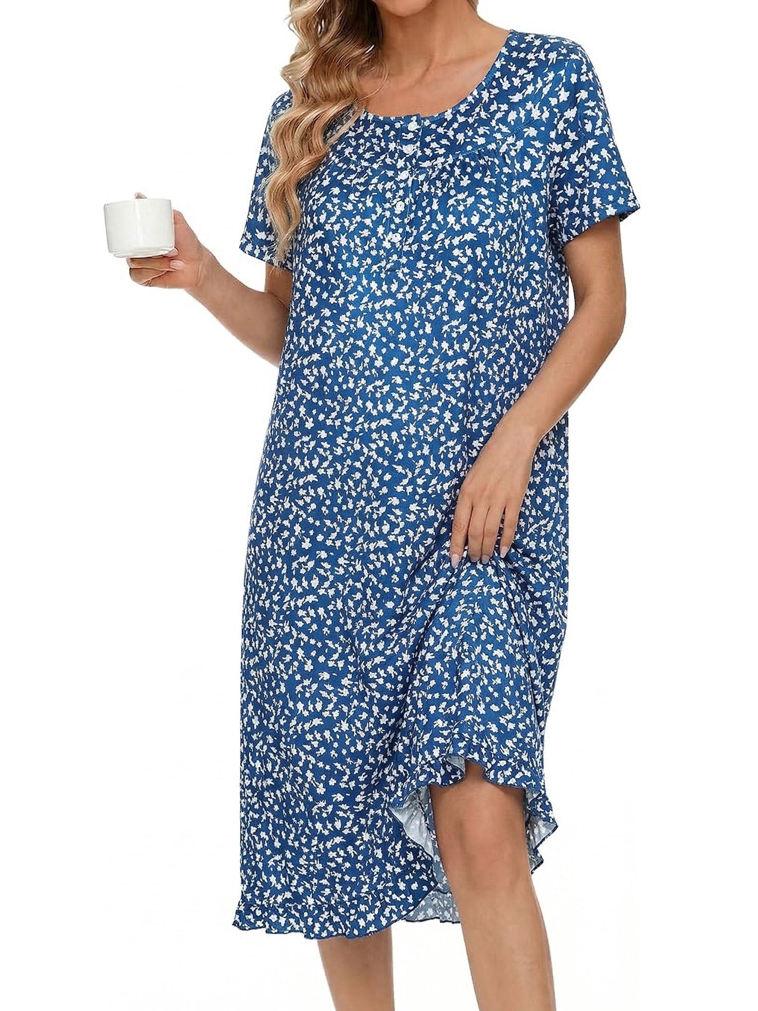 Women Nightgowns with Pockets Button Front Henley NeckHouse Dresses Ruffle Hem Nightdress Sleepwear Short Sleeve Pajamas Dress