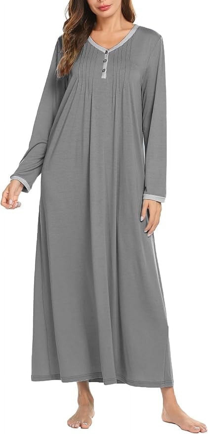 Women Long Sleeve Nightgown Sleepwear Long Sleepshirts Henley Sleep Dress Full Length Nightdress