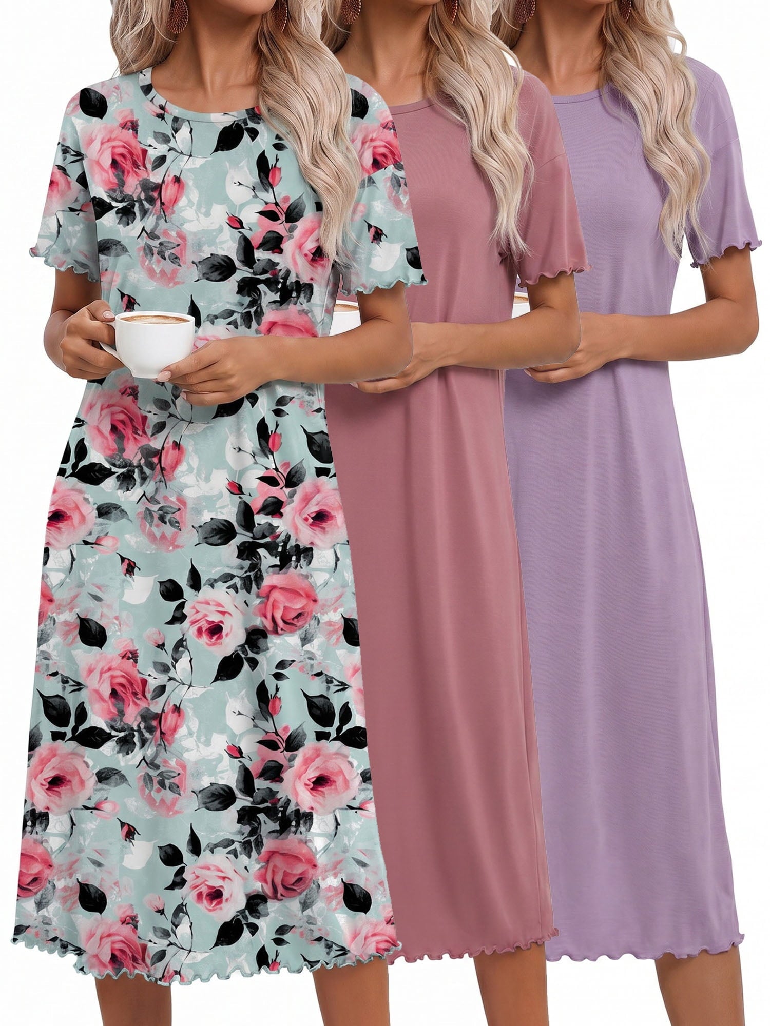 3 Pack Women Nightgown Sleepwear Ruffle Short Sleeve Sleepshirts V Neck Sleepdress Causal Pajama Dress S-XXXL