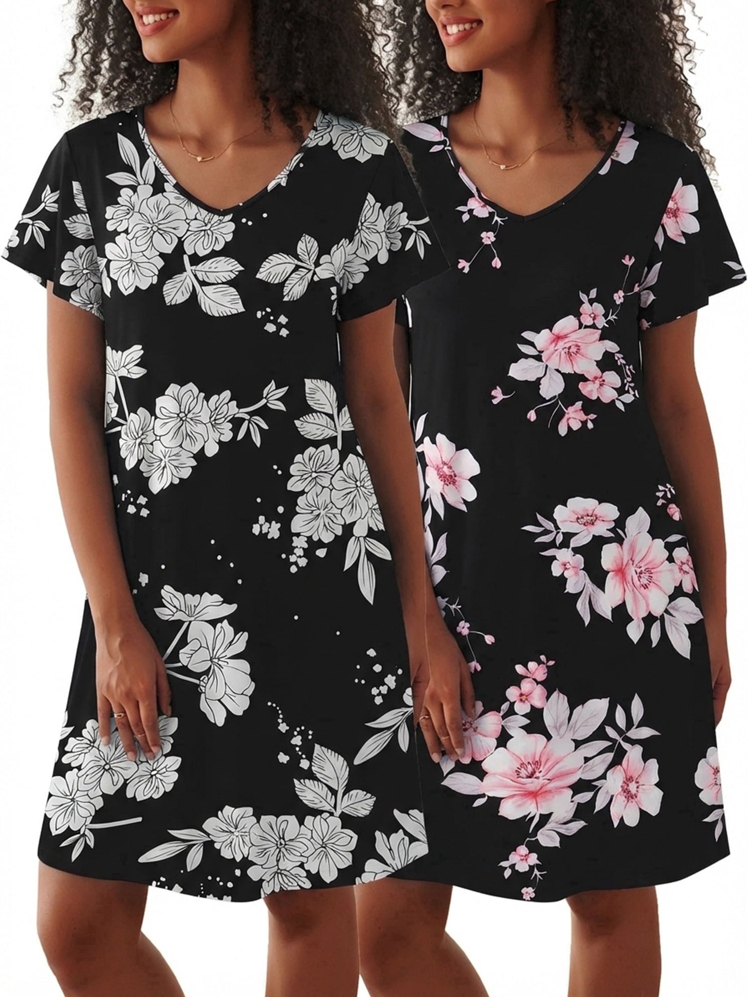 2 Pack Women Nightgown Sleepwear Flare Short Sleeve Sleepshirts V Neck Sleepdress Causal Pajama Dress