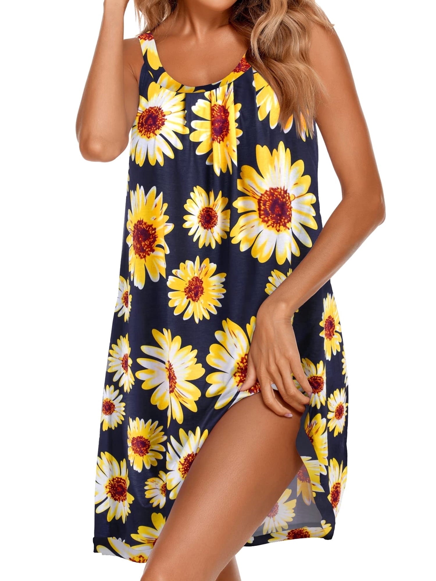 Womens Nightgowns Sleeveless Sleepwear Printed Camisole Sleep Dress Wide Strap Pleated Nightshirt