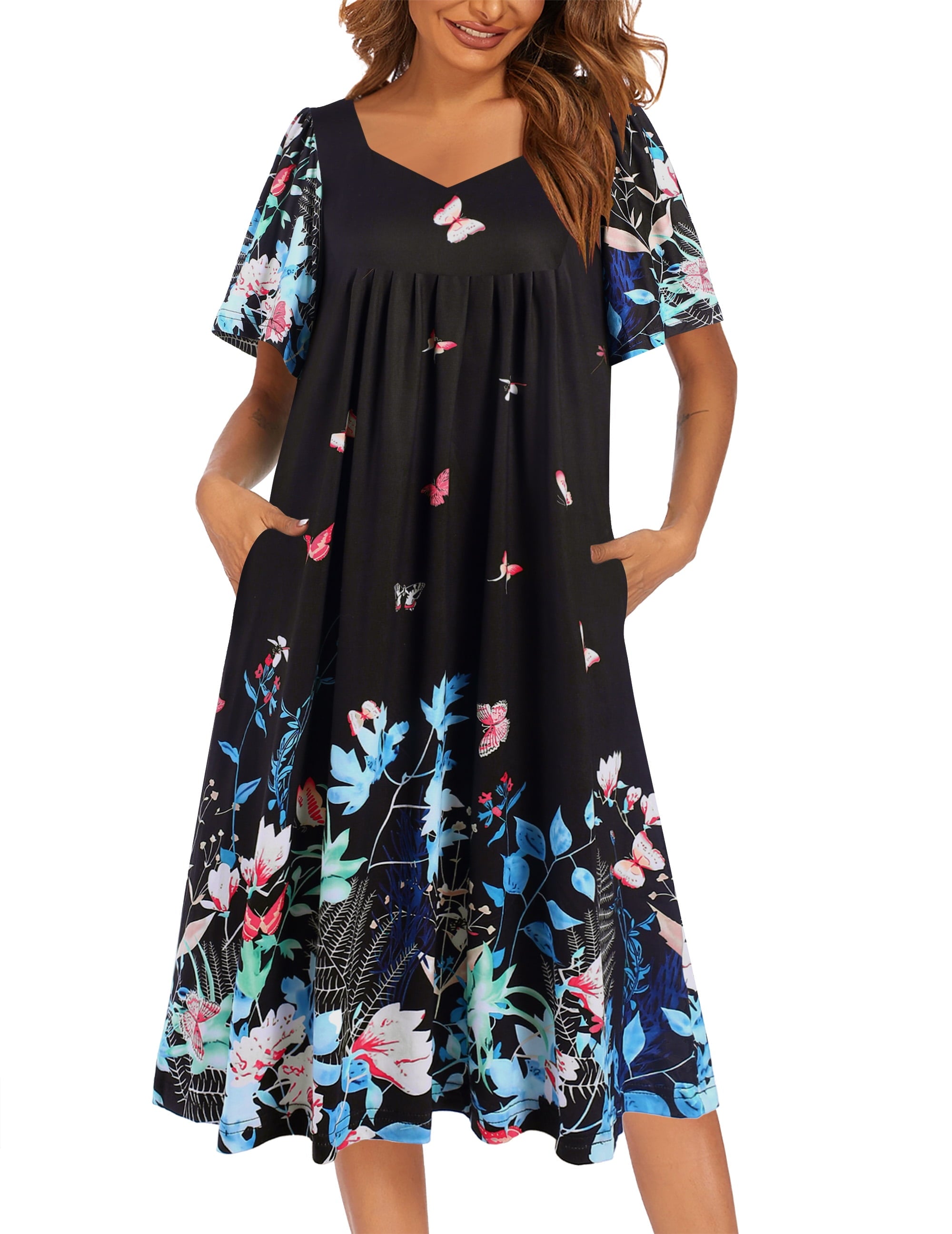 Women Short Sleeve Nightgown Long Sleepshirts V Neck Sleep Dress Below Knee Length Sleepwear
