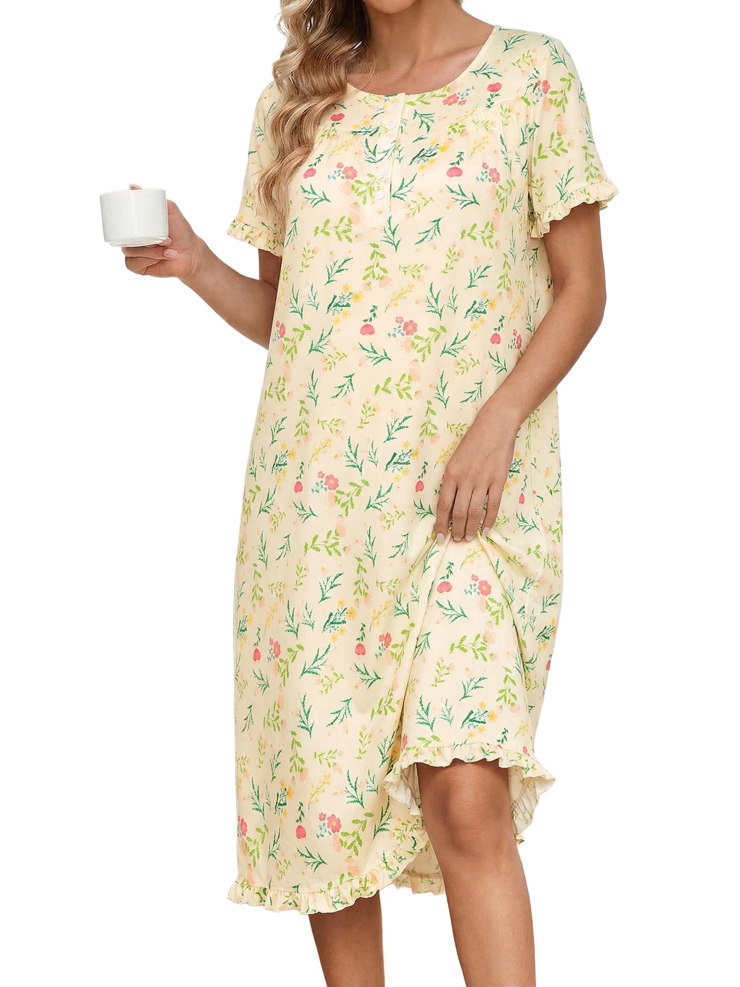 Women Nightgowns with Pockets Button Front Henley NeckHouse Dresses Ruffle Hem Nightdress Sleepwear Short Sleeve Pajamas Dress
