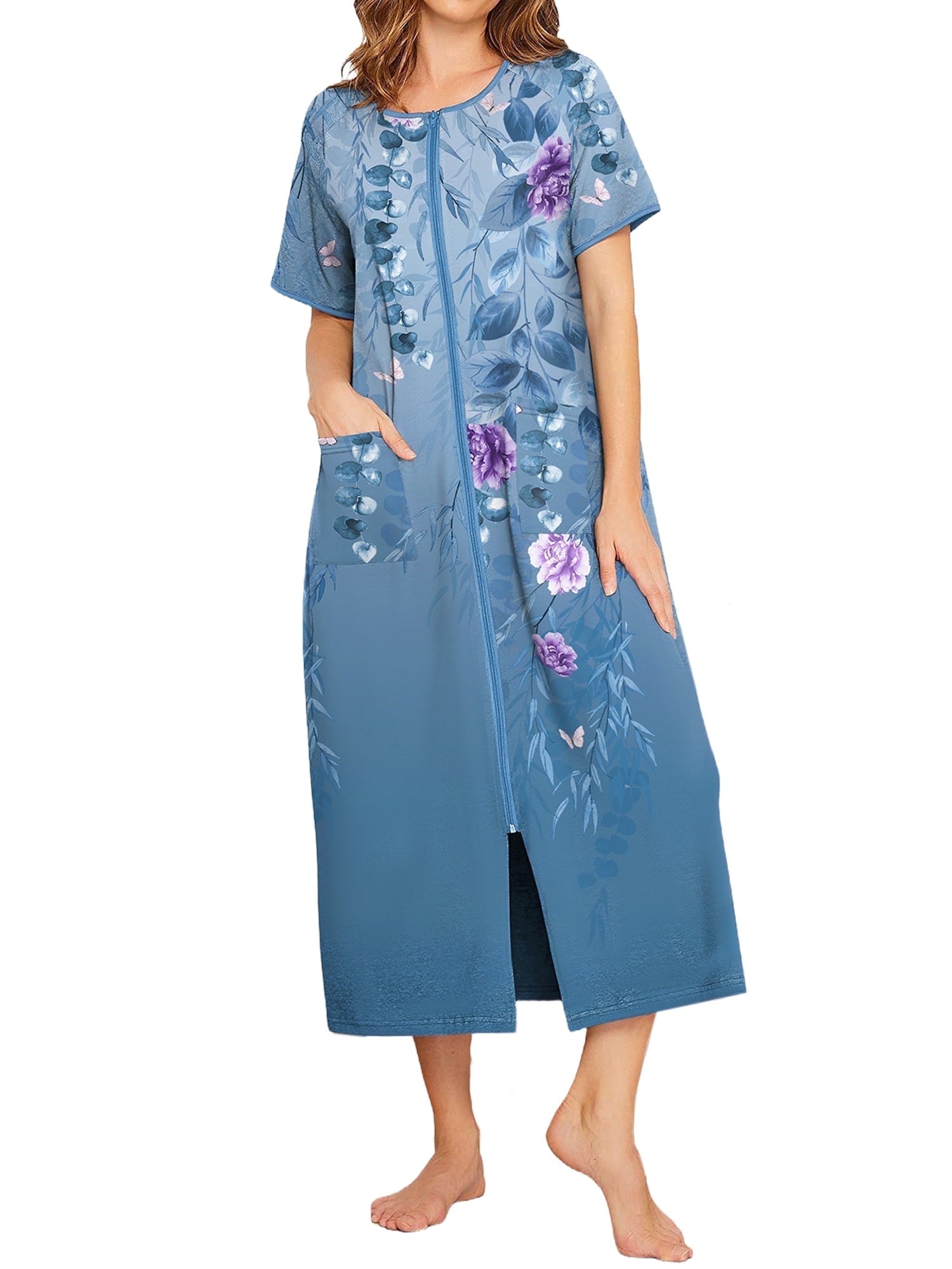 Women Zipper Front Robes Full Length Housecoat Short Sleeve Bathrobes with Pocket Loungewear