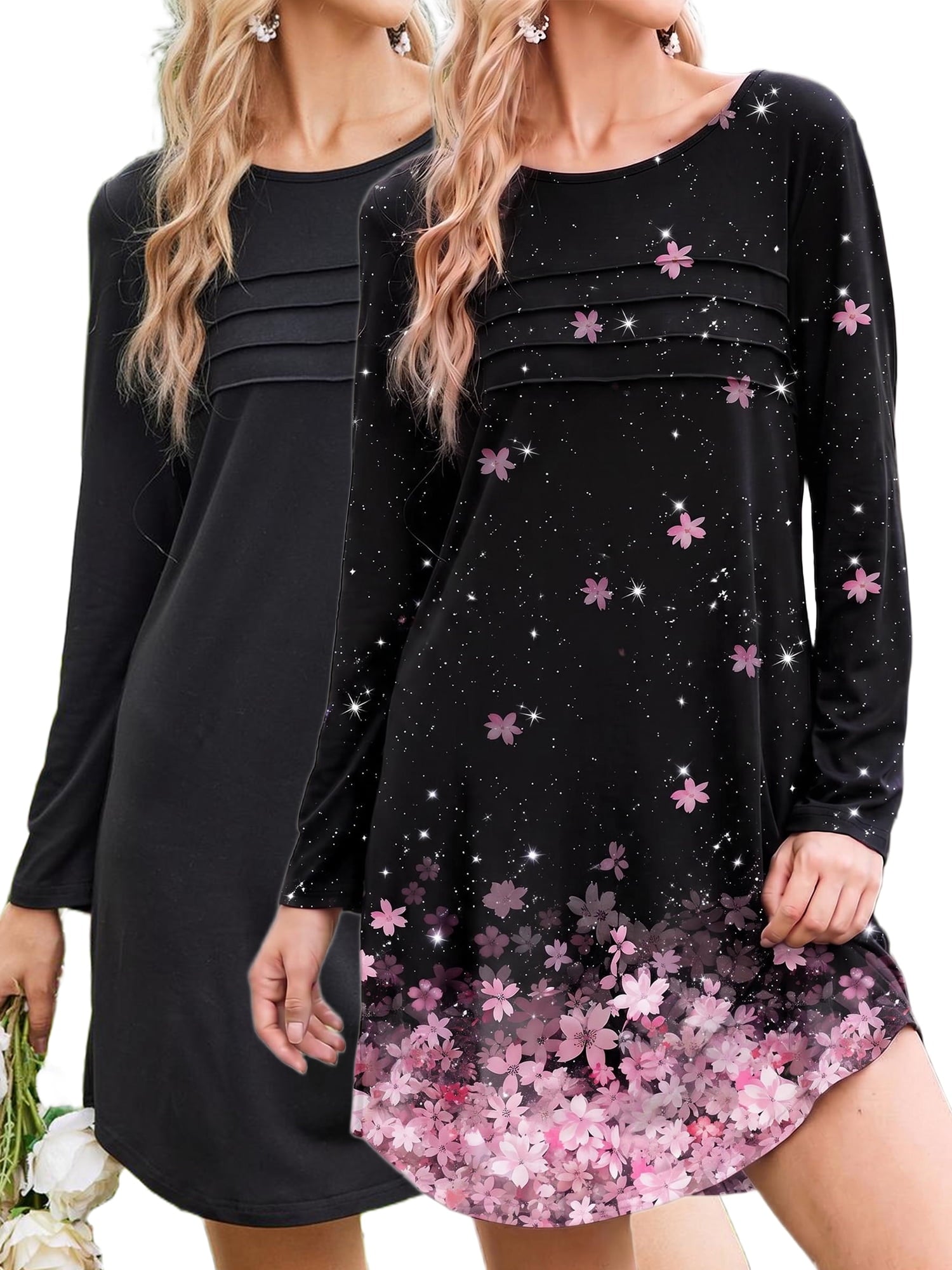 2 Pack Nightgowns for Women Long Sleeve Nightshirts Soft Crew Neck Pajamas Dress Sleepwear , Floral Printed, S-XXXL