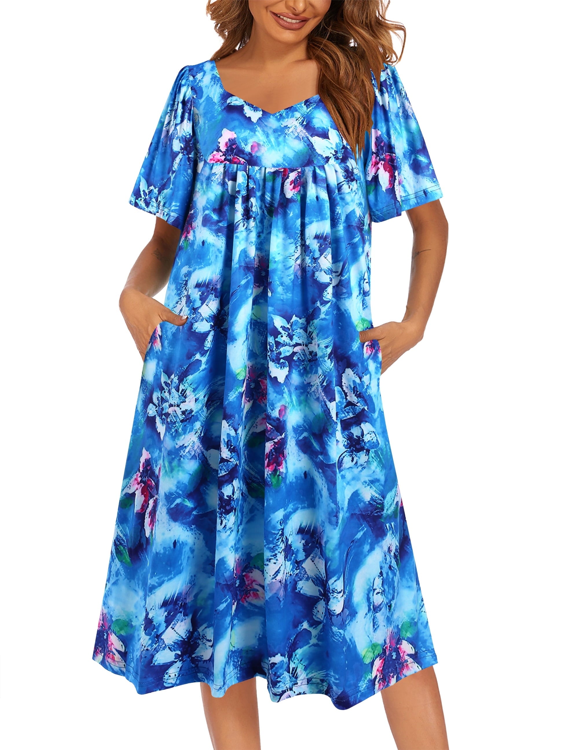 Women Short Sleeve Nightgown Long Sleepshirts V Neck Sleep Dress Below Knee Length Sleepwear