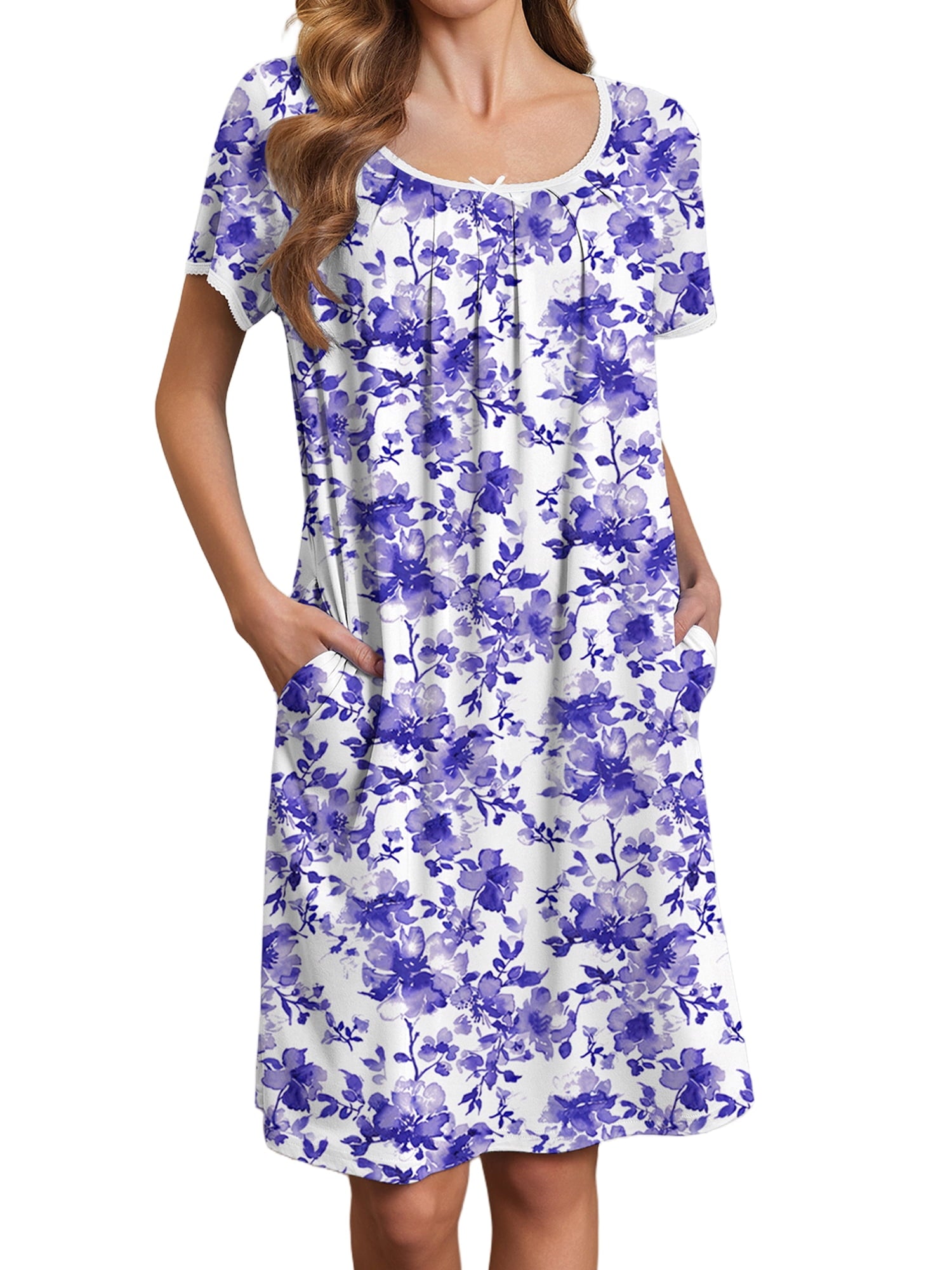 Nightgowns for Women Short Sleeve House Dress with Pockets Pleated Nightdress Soft Sleepwear