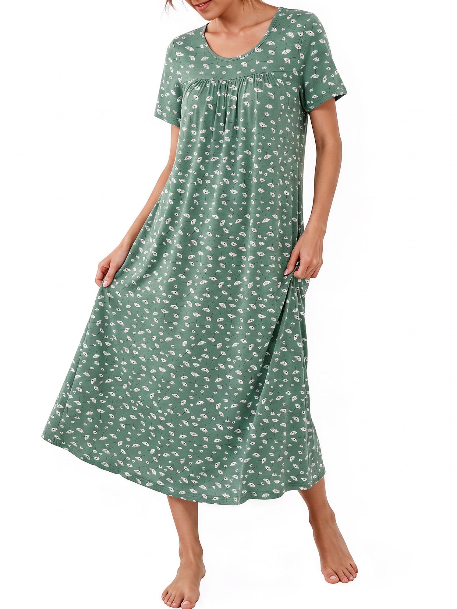 Bamboo Viscose Nightgowns for Women Pleated Floral House Dress Comfy Long Loungwear Short Sleeve Sleepwear