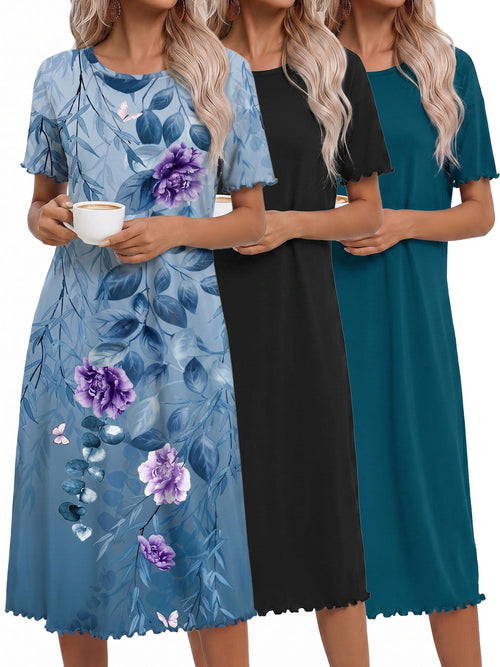 3 Pack Women Nightgown Sleepwear Ruffle Short Sleeve Sleepshirts V Neck Sleepdress Causal Pajama Dress S-XXXL