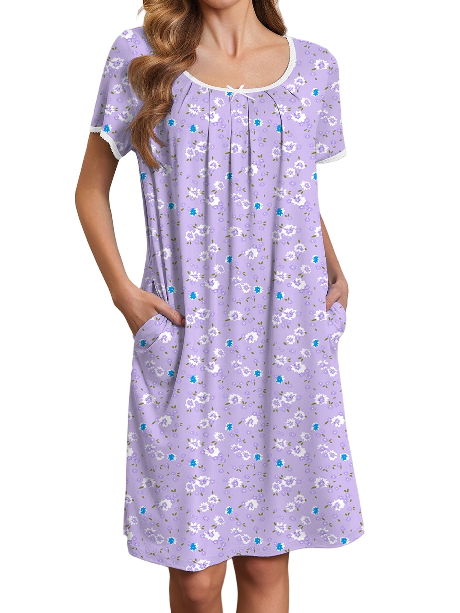 Nightgowns for Women Short Sleeve House Dress with Pockets Pleated Nightdress Soft Sleepwear