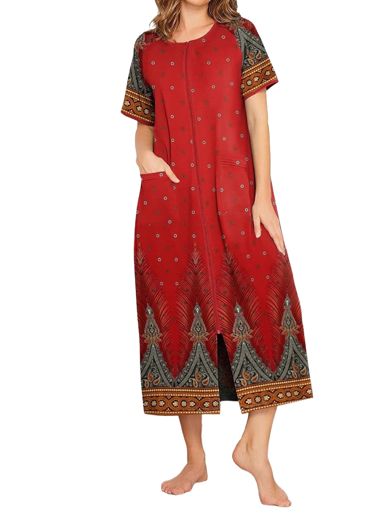 Women Zipper Front Robes Full Length Housecoat Short Sleeve Bathrobes with Pocket Loungewear