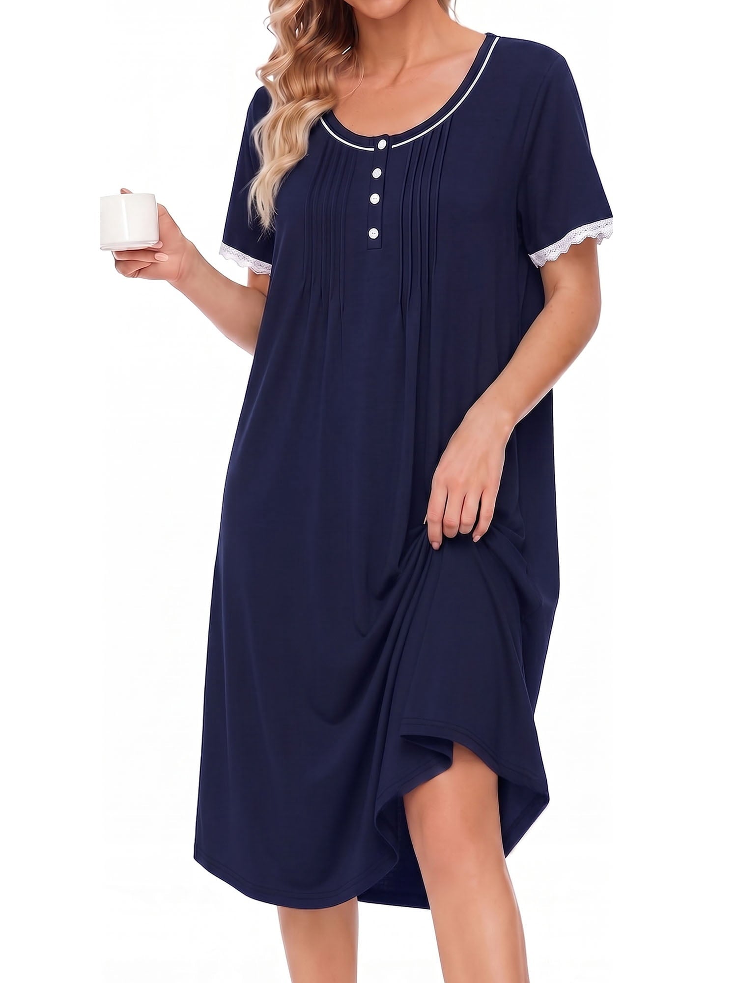 Nightgowns for Women Button Front Henley Neck House Dress Short Sleeve Soft Pajamas Dress Sleepwear