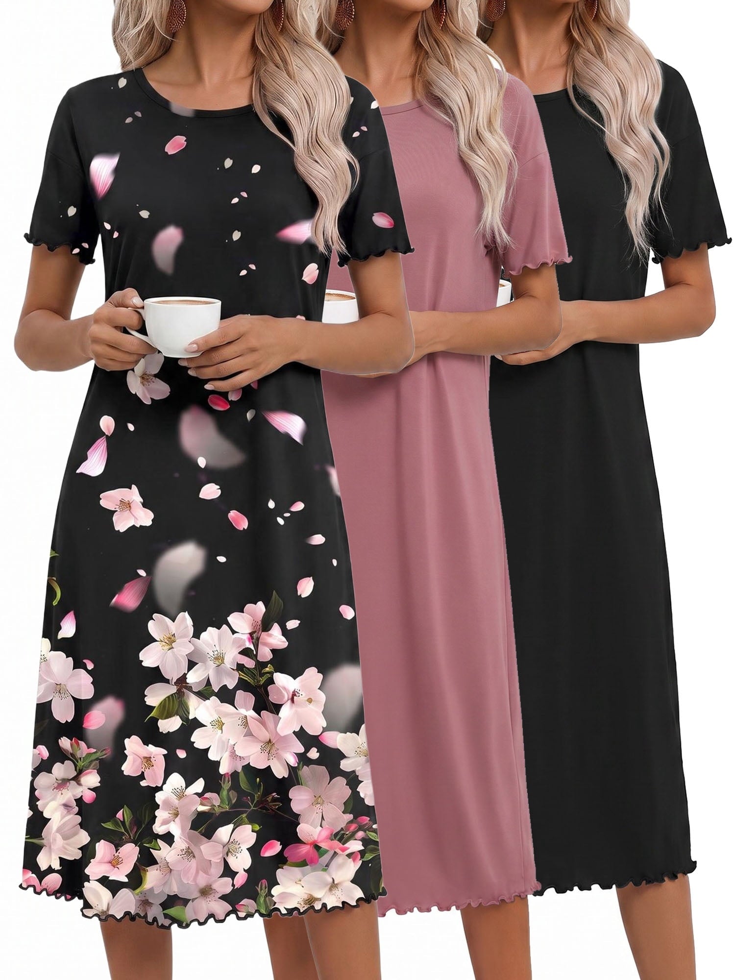 3 Pack Women Nightgown Sleepwear Ruffle Short Sleeve Sleepshirts V Neck Sleepdress Causal Pajama Dress S-XXXL
