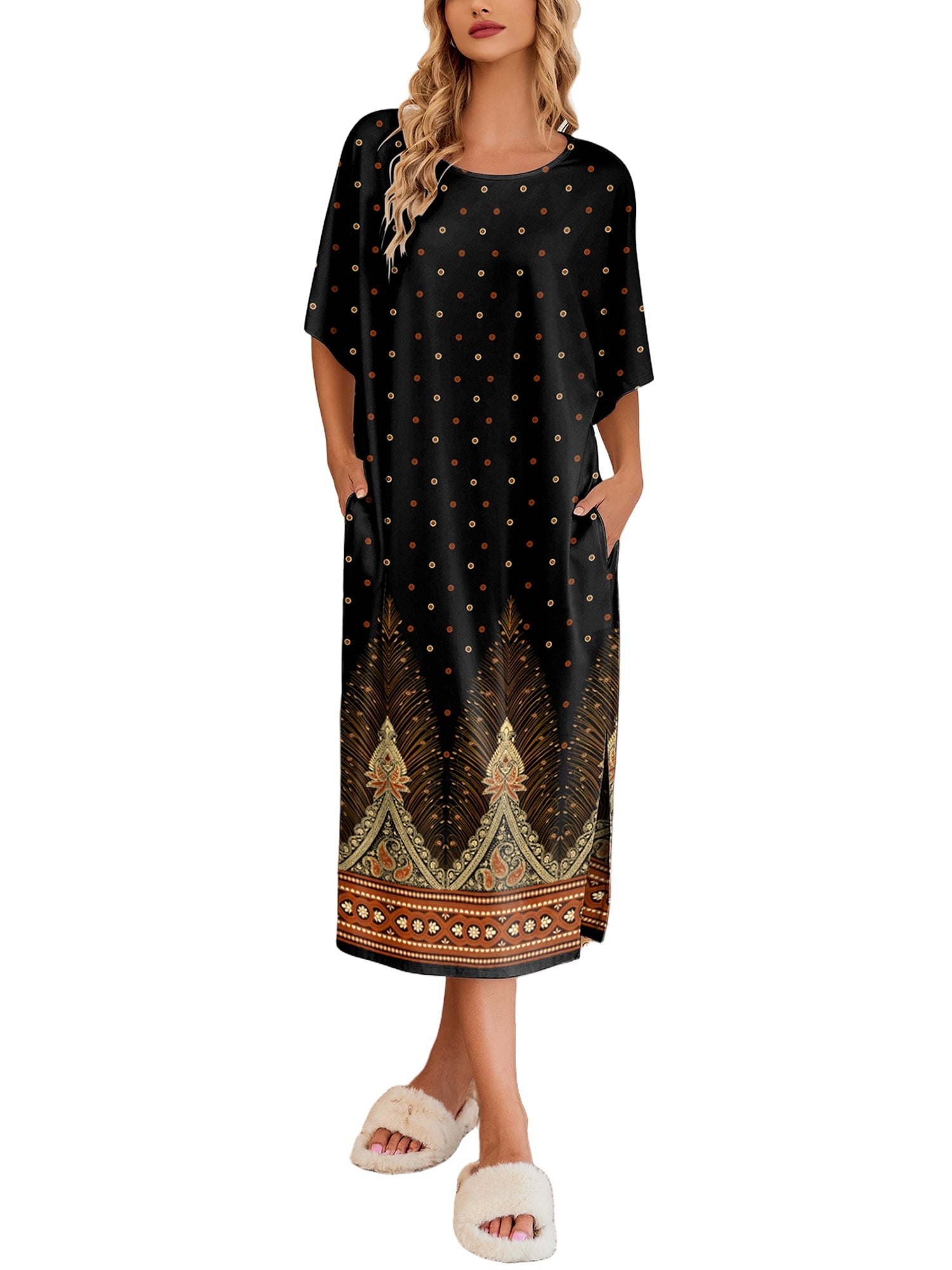 Women Long Nightgown Short Sleeve Sleepshirt Casual Maxi Loungewear with Pockets