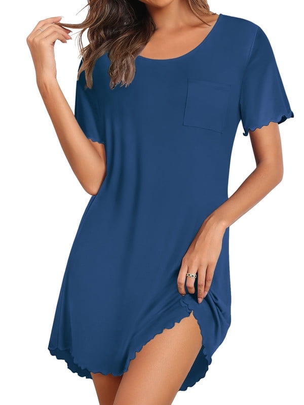 Bamboo Viscose Nightgowns for Women Ruffled Short Sleeve Sleepshirts Tie Dye Pajamas Dress with Chest Pocekts S-3XL