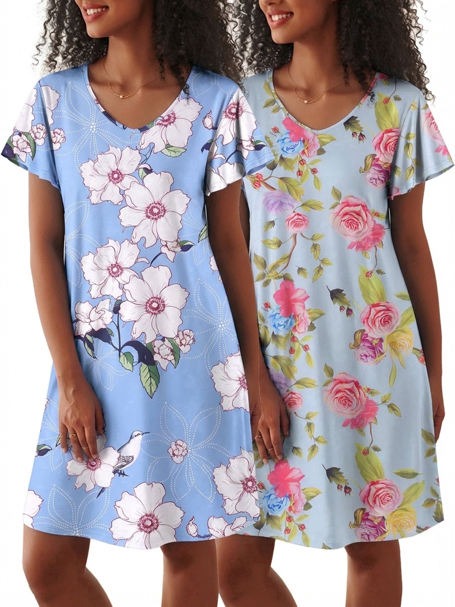 2 Pack Women Nightgown Sleepwear Flare Short Sleeve Sleepshirts V Neck Sleepdress Causal Pajama Dress