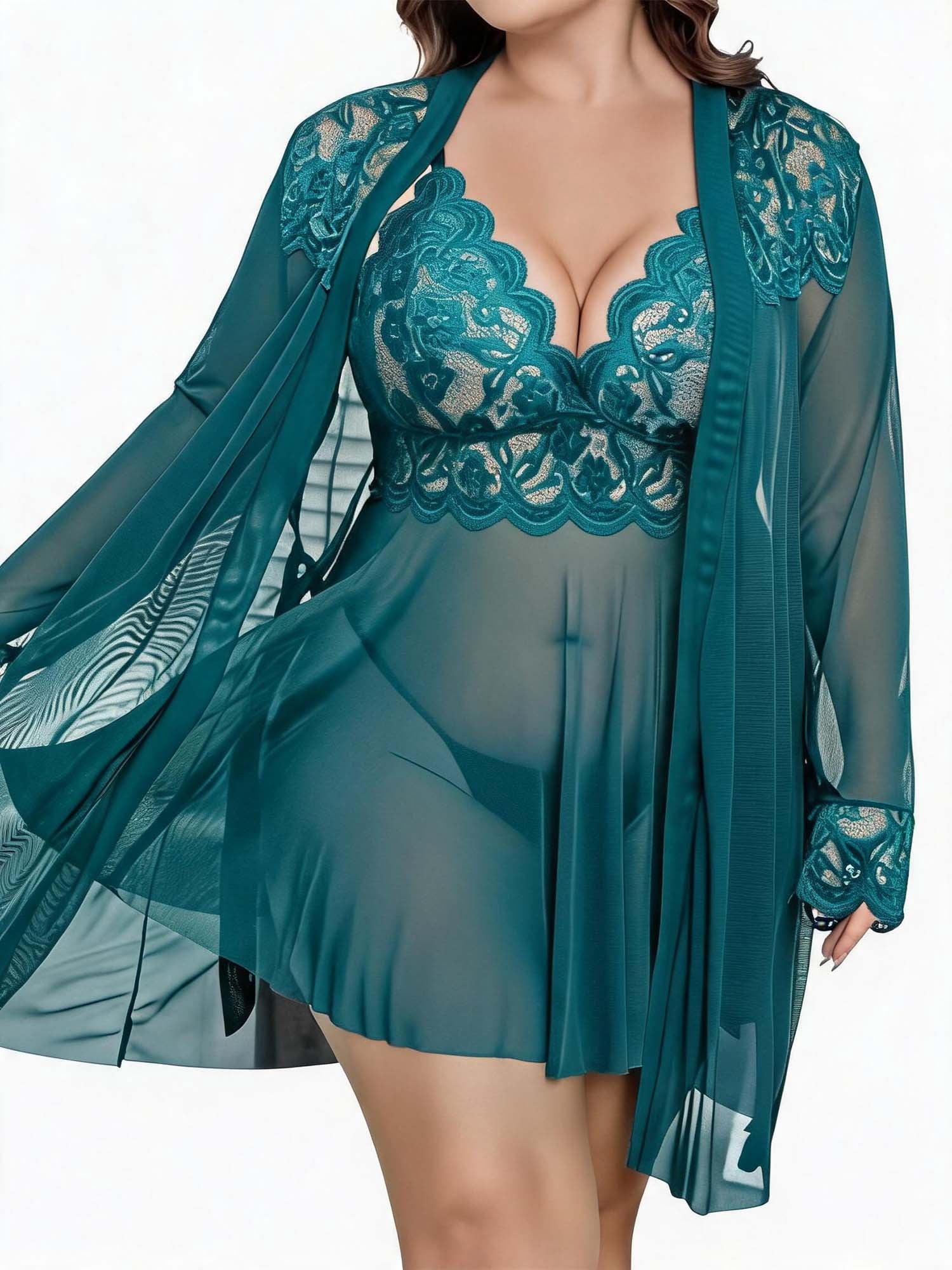 KISSGAL Plus Size Lingerie Set for Women Sexy 3 Piece Lace Kimono Robes with Babydoll Chemise Dress and Thong Mesh Sleepwear