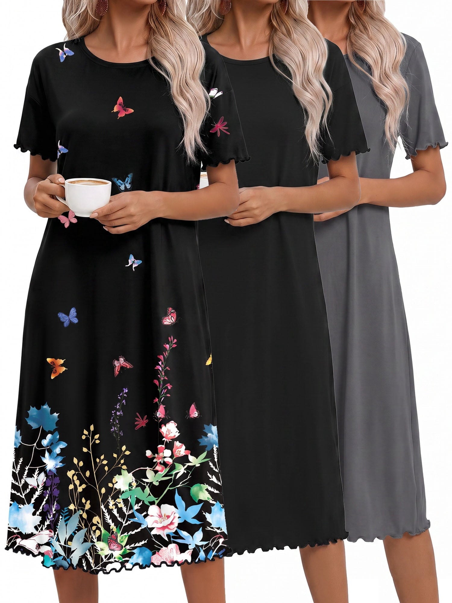 3 Pack Women Nightgown Sleepwear Ruffle Short Sleeve Sleepshirts V Neck Sleepdress Causal Pajama Dress S-XXXL