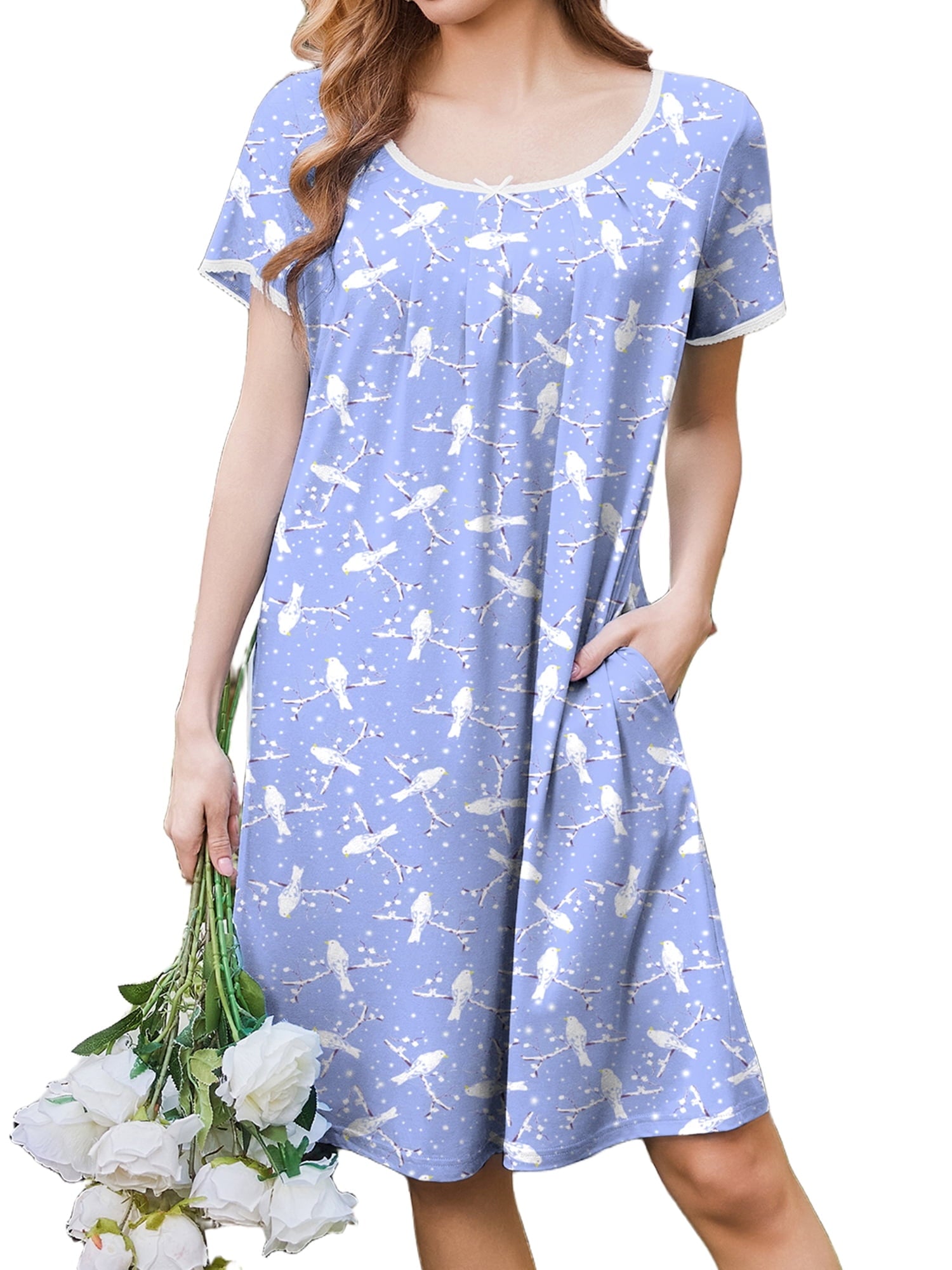 Nightgowns for Women Short Sleeve House Dress with Pockets Pleated Nightdress Soft Sleepwear