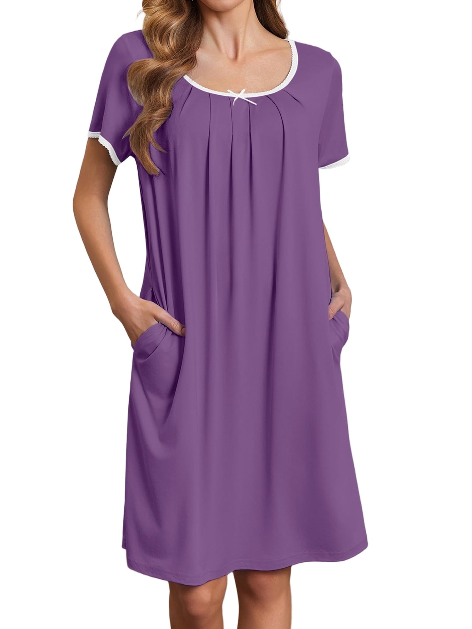 Nightgowns for Women Short Sleeve House Dress with Pockets Pleated Nightdress Soft Sleepwear