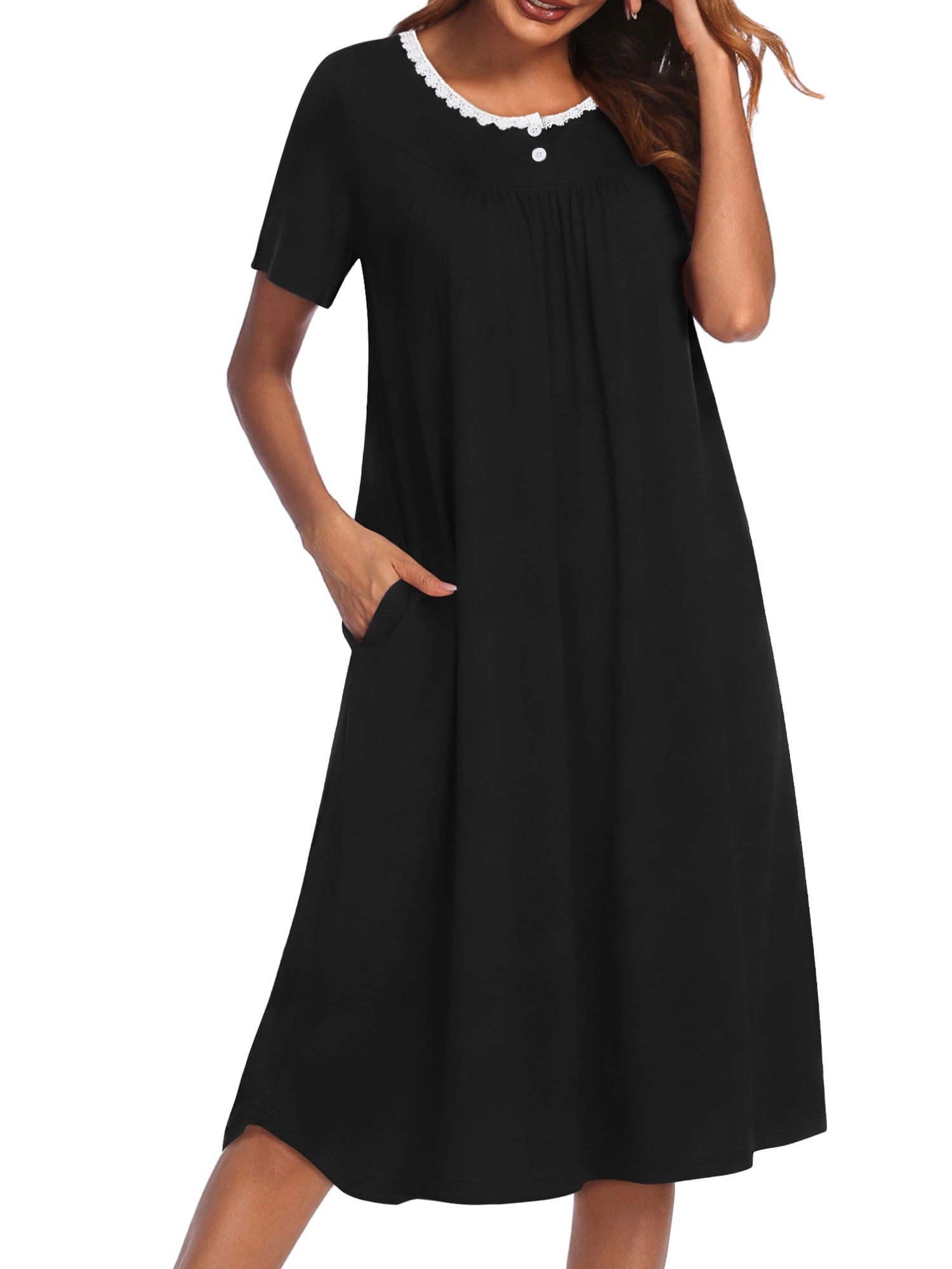 Nightgowns for Women Floral Short Sleeve Henley Sleepshirt Long Nightdress Sleepwear with Pockets S-3XL
