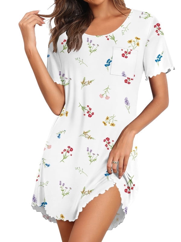 Bamboo Viscose Nightgowns for Women Ruffled Short Sleeve Sleepshirts Tie Dye Pajamas Dress with Chest Pocekts S-3XL