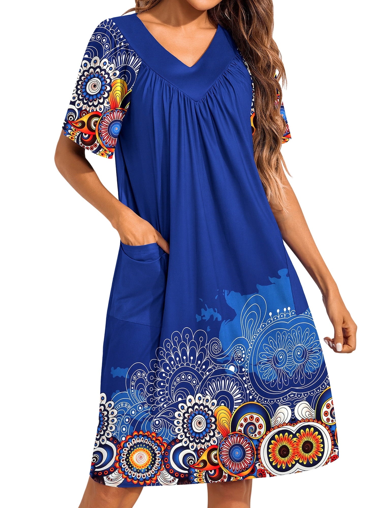 Women House Dress Floral Print Nightgown with Pockets Comfy Short Sleeve Nightdress