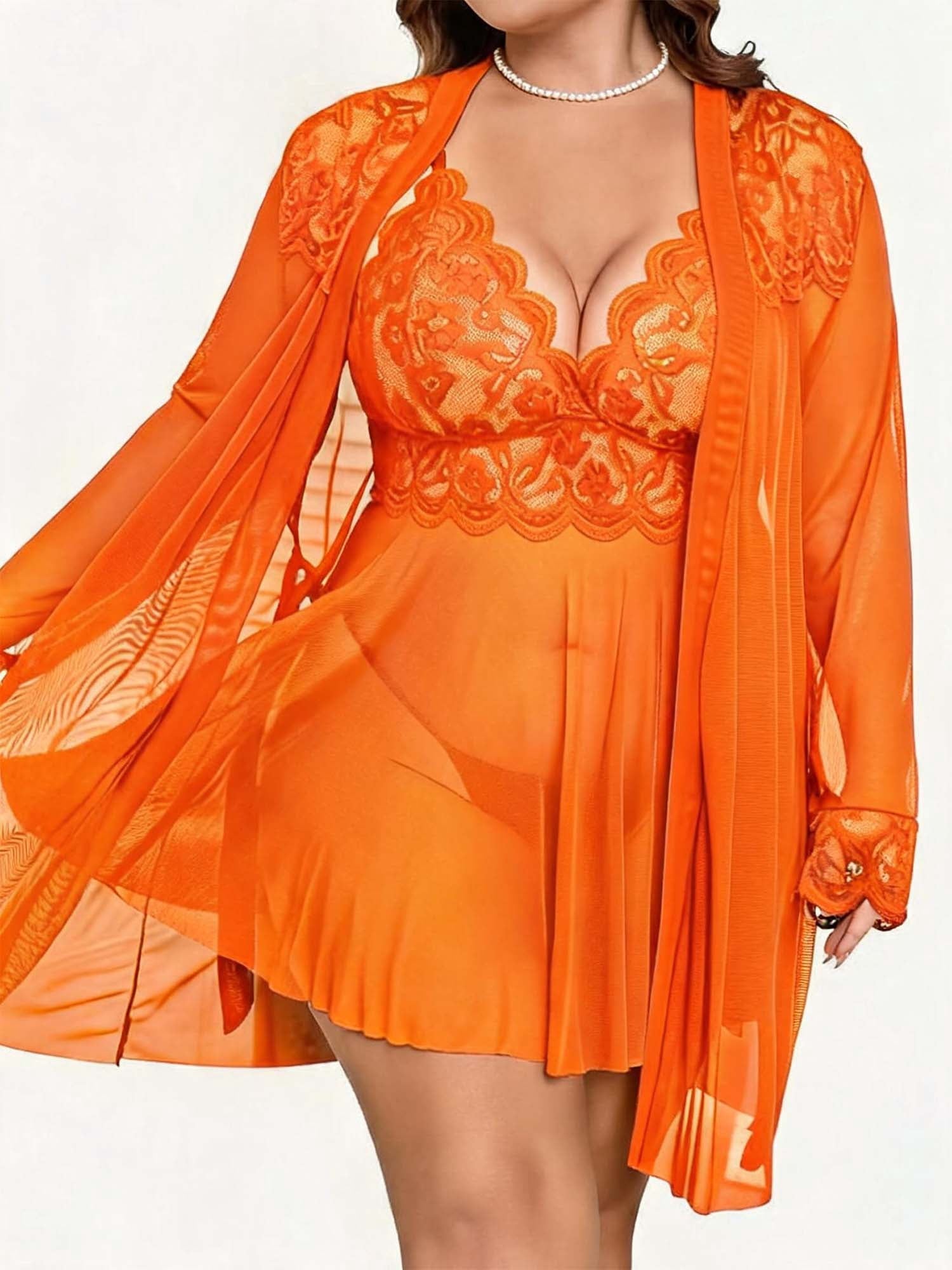 KISSGAL Plus Size Lingerie Set for Women Sexy 3 Piece Lace Kimono Robes with Babydoll Chemise Dress and Thong Mesh Sleepwear