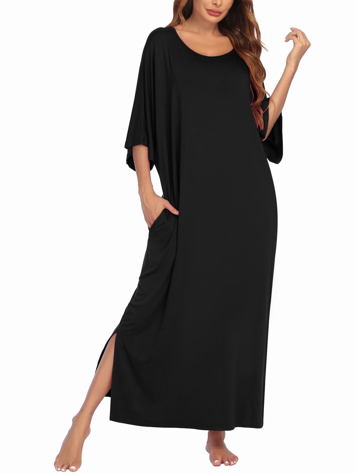 Women Long Nightgown Short Sleeve Sleepshirt Casual Maxi Loungewear with Pockets